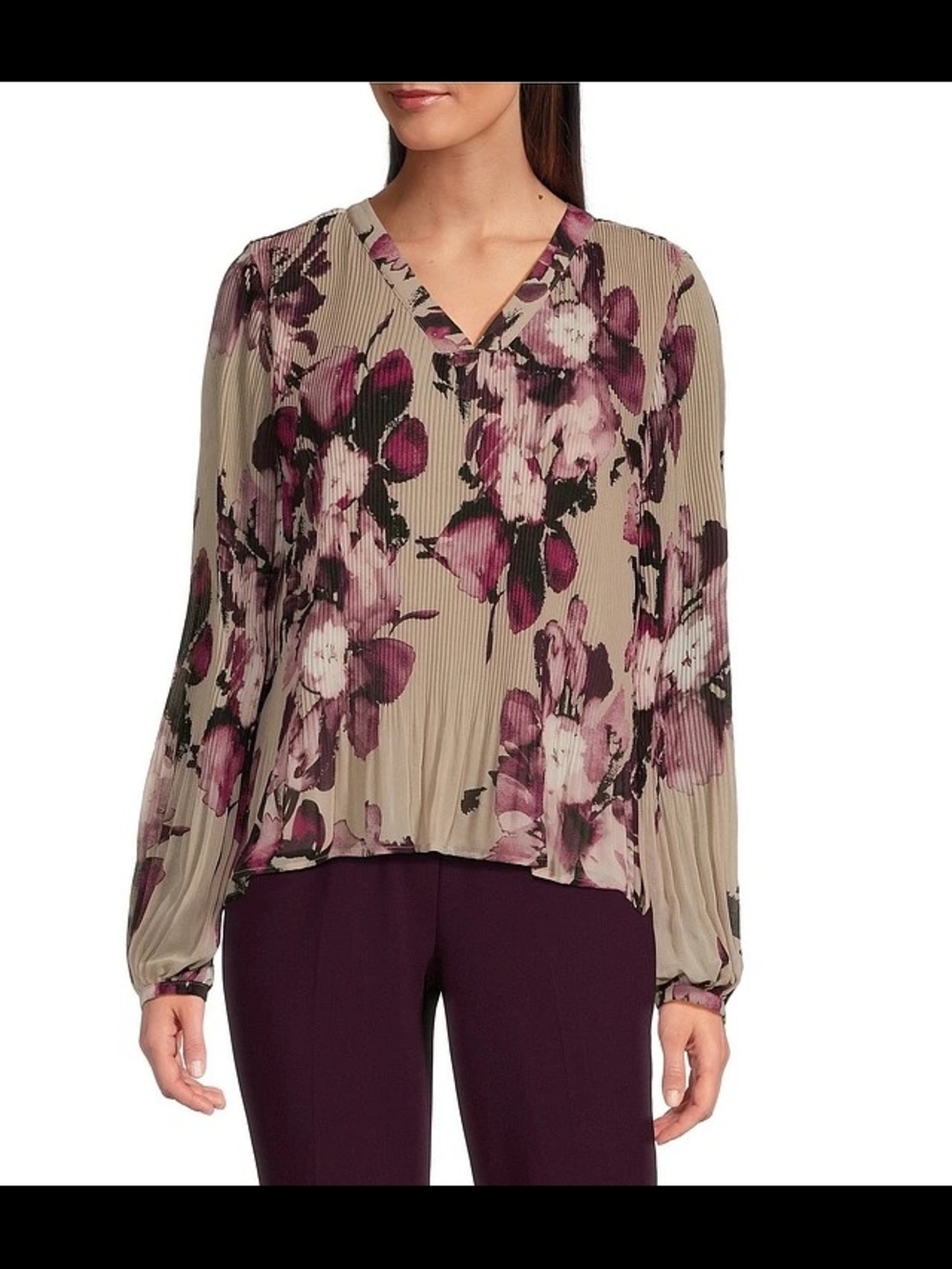 Calvin Klein Taupe Floral Pleated V-Neck Blouse with Plum Accents